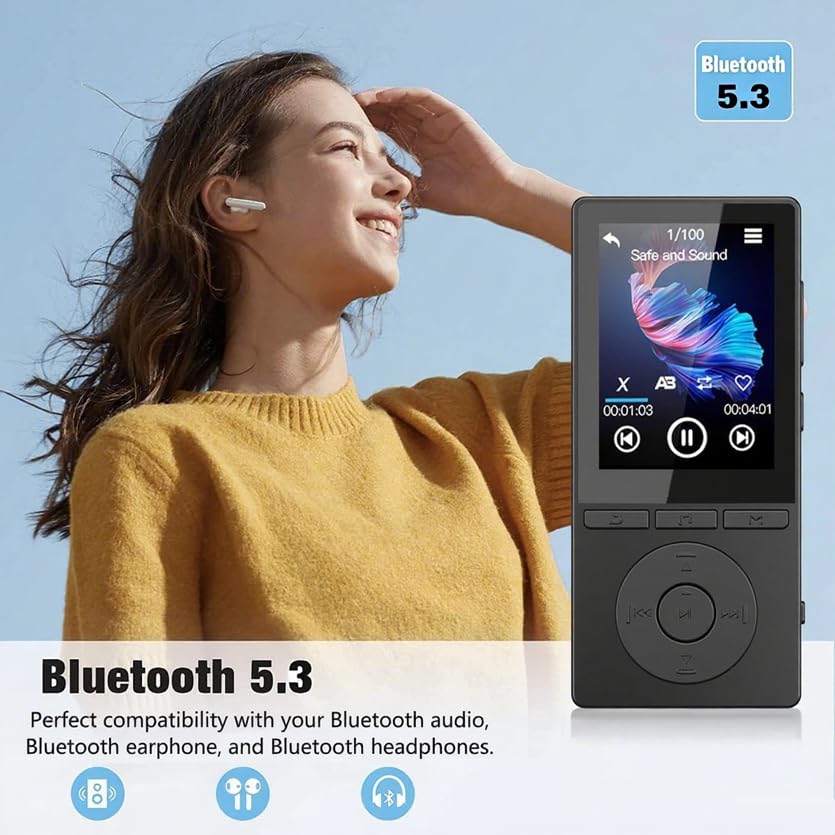 64GB MP3 Player with Bluetooth 5.3, Music Player with HiFi Sound for Sports Runners, 2.4" Screen MP3 Player Built in HD Speaker Voice Recorder FM Radio E-Book, Expanded Up to 128GB, Earphone Included