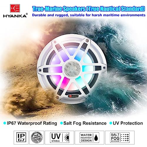 H YANKA HMS-65 6.5 Inch Marine Speakers, Waterproof, 750W, 7Color LED, Pair | 2‑Way marine‑grade coaxial speaker, IP67, salt‑UV resistant for durable long‑lasting use, for boats, utv, atv.