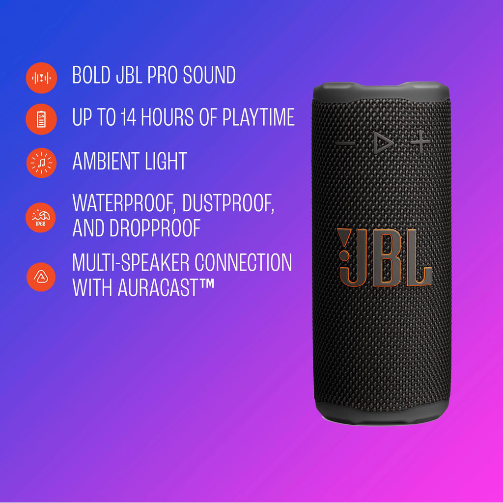JBL Grip Portable Bluetooth Speaker, Waterproof, Ambient Light - Black | Up to 14 Hr Playtime, AI Sound Boost, IP68 Waterproof And Dustproof, Drop-Proof, App Control, Ideal For Outdoor And Travel