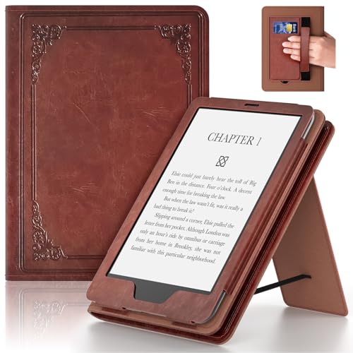Kindle 6 Inch Case for 6" Kindle (11th Generation, 2024/2022),Vintage Brown | Lainergie Smart Lightweight Slim Durable High Quality PU Shell Cover with Stand, Hand Strap, Auto-Wake/Sleep