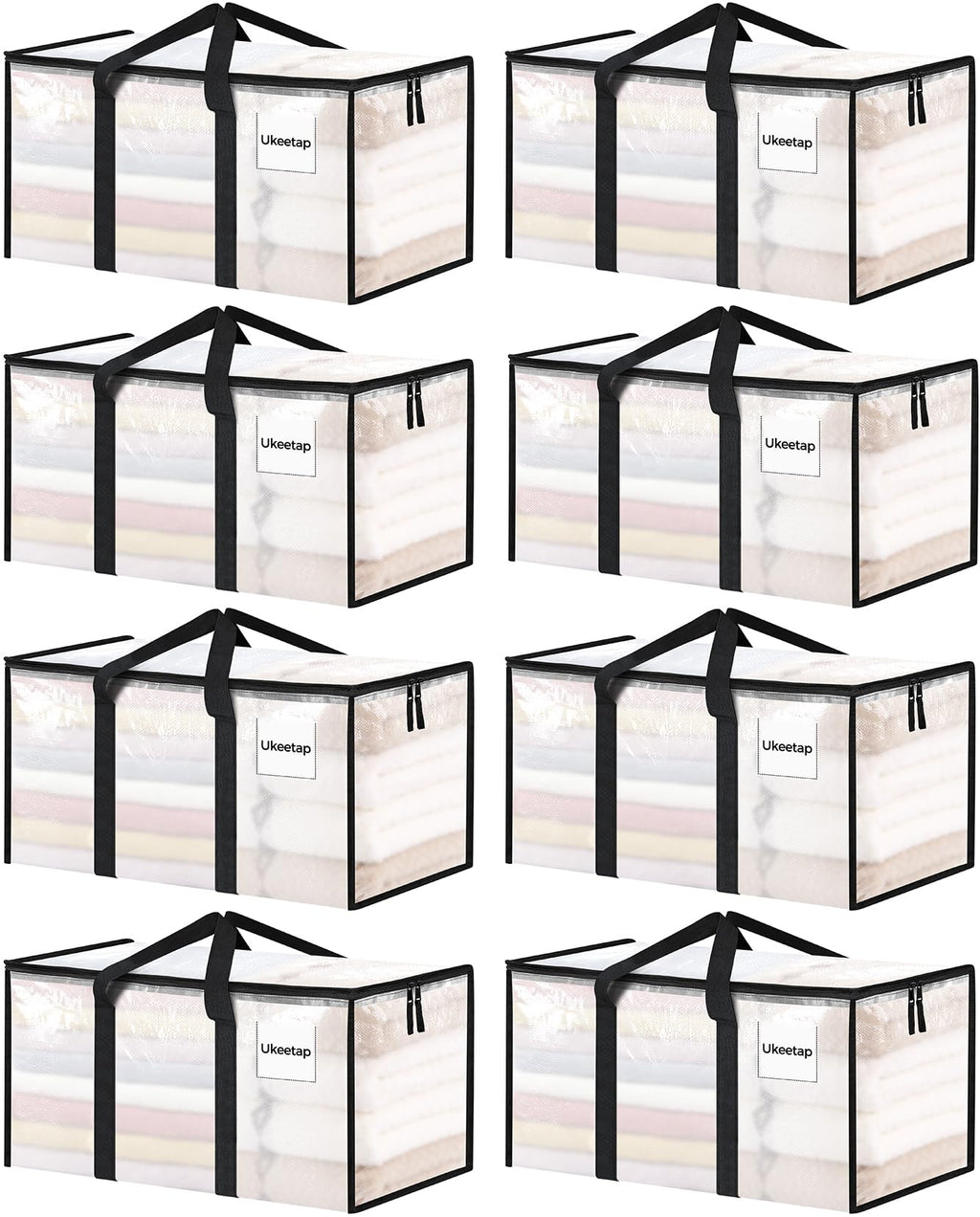 ukeetap 8 Pack Extra Large Clothes Storage Bins with Lids, Clear | Storage Bags with Reinforced Handles & Heavy-Duty Zippers, Moving Bags Boxes Totes for Clothes Packing, Dorms, College