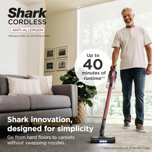 Shark Cordless Vacuum Cleaner, Red, IZ362H | HEPA Filter, Lightweight, Pet Hair Pickup, Removable Handheld, Crevice, Upholstery & Dusting Brush Included, 40-Min Runtime