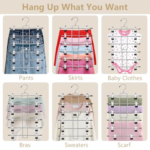 Pants Hangers with Clips,Space Saving Hanging Closet Organizer-6 Tiers Skirt Hangers with 360° Swivel Hook,Closet Organizer-Clothes Hangers- College Dorm Essentials Apartment Essentials-2 Pack