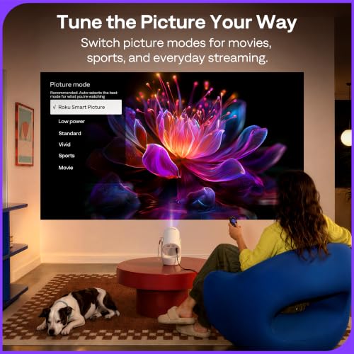 Aurzen Roku TV E1R Smart Portable Mini Projector with WiFi and Bluetooth | Roku TV Built-in, Upgraded Sound Base, 180° Rotation, Auto Vertical Keystone, Zoom, Portable for Home Movie/Bedroom/Outdoor