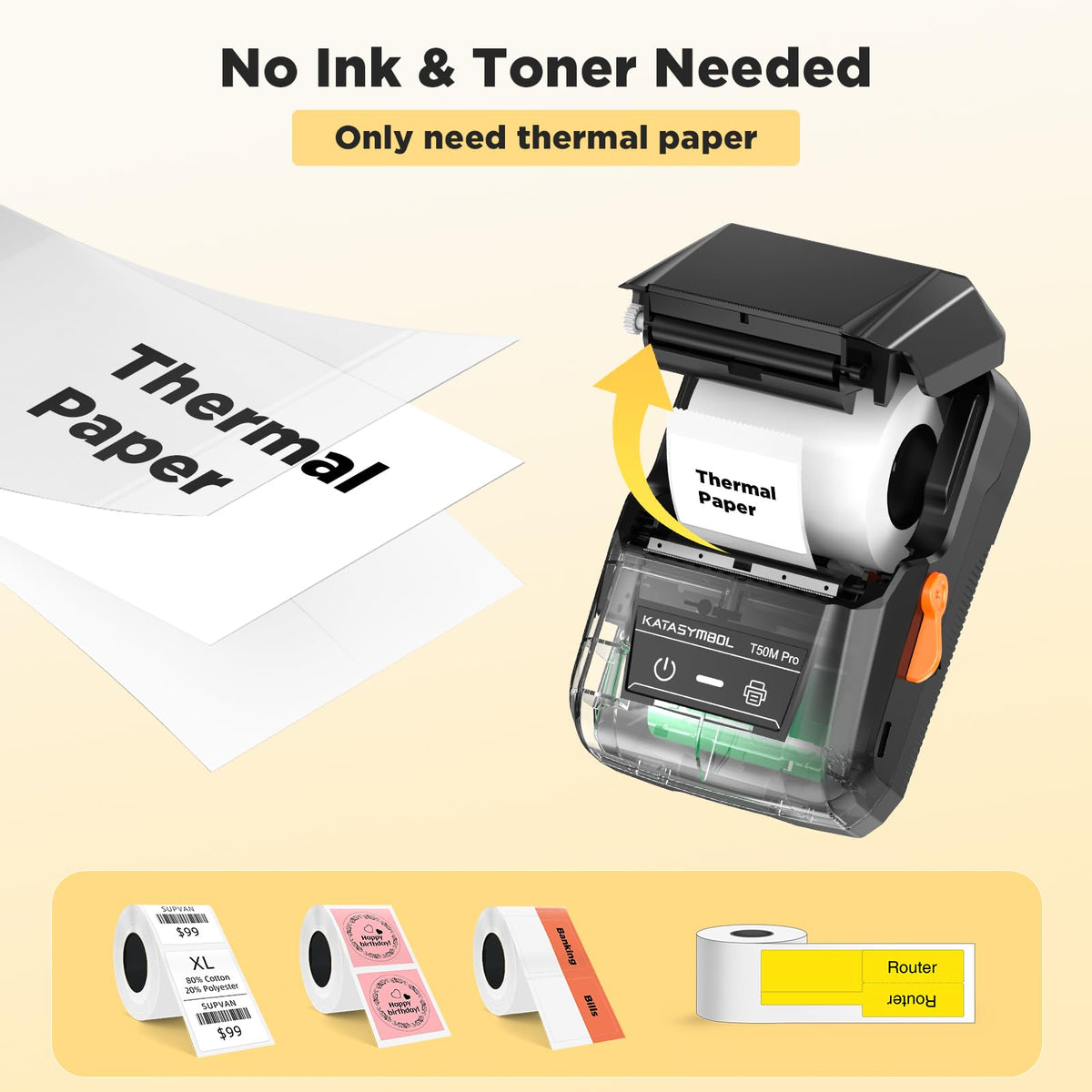 SUPVAN T50M Pro Bluetooth Label Maker Machine with Tape, Black | Wide Waterproof Label, High Image Quality, App with 30 Fonts and 660+ Icons, Inkless, for School, Home, Small Business