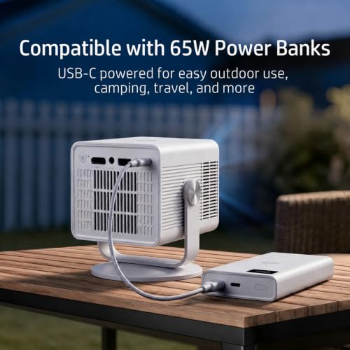HP Projector Built-in Apps, USB-C Power Bank Compatible for Outdoor MC400 | Portable Mini Projector with WiFi 6 and Bluetooth 5.4, 1080P/4K Supported, Auto Keystone & 90° Rotatable, Smart Android TV OS