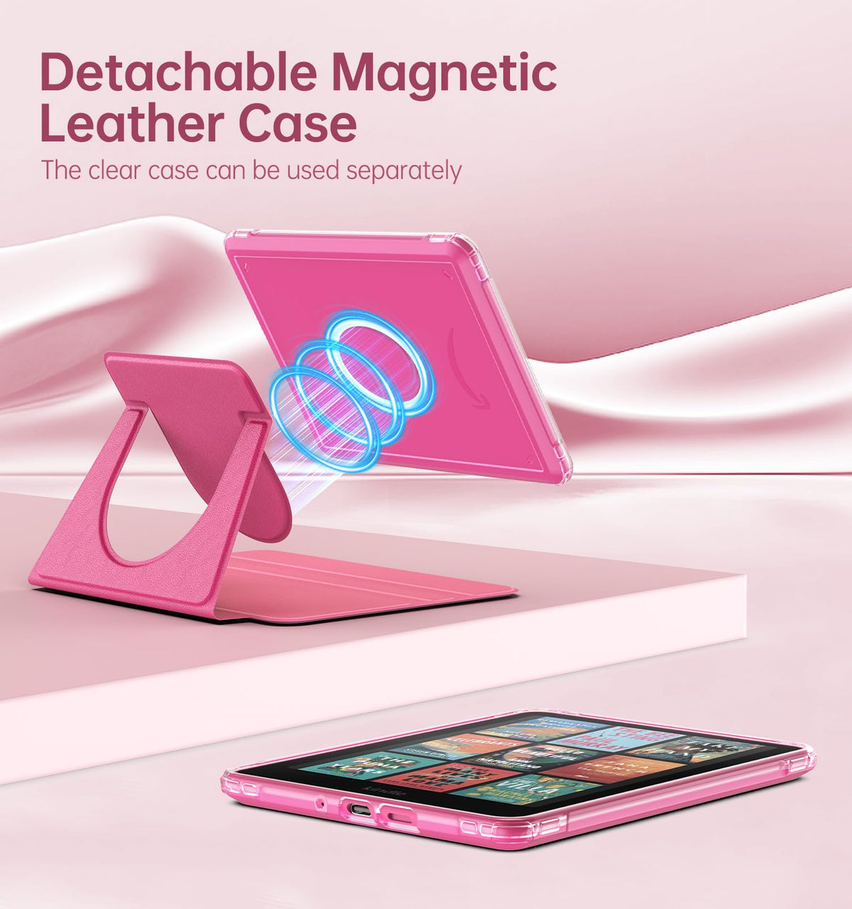 MoKo 360°Rotating Case for 7"Kindle Paperwhite 12th Gen/Colorsoft,Raspberry | Detachable Magnetic, Clear Back, Adjustable Stand Cover, Auto Wake/Sleep, for Kindle Colorsoft 1st Gen 2025/2026