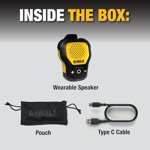 DEWALT Mini Wearable Bluetooth Speaker, Clip-On Jobsite Pro (Yellow) | Water-Resistant Portable Wireless Speaker (Non-Magnetic), Built-in Mic for Hands-Free Music/Calls, Bluetooth Speaker