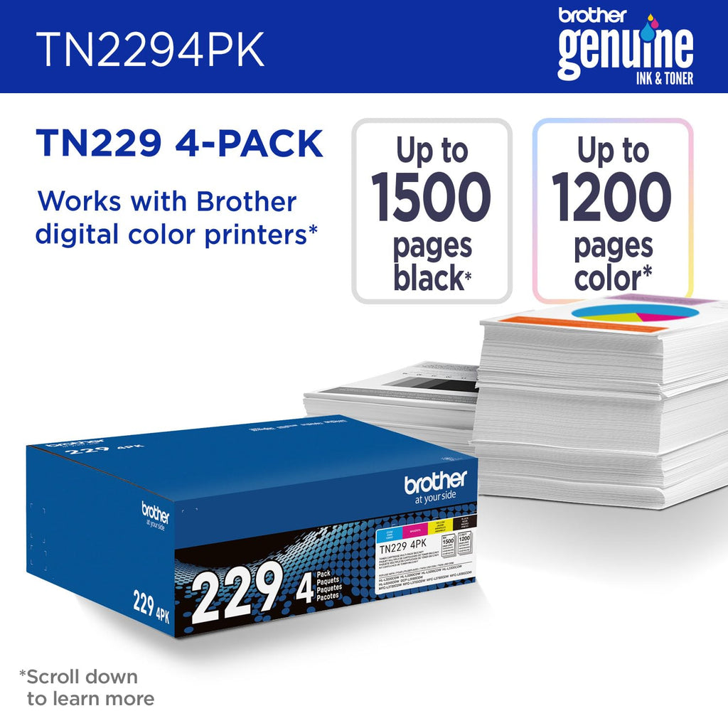 Brother Genuine TN2294PK Standard Yield 4-Pack Printer Toner Cartridges - Black, Cyan, Magenta, Yellow Toner Multipack