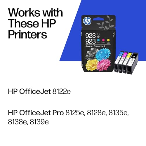 HP 923 Black, Cyan, Magenta, Yellow Ink Cartridges (4-Pack) | Works with OfficeJet 8120, Pro 8130 Series | 6C3Y6LN