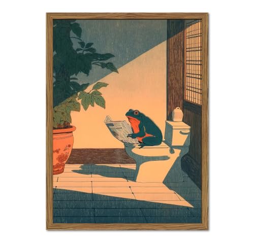 Funny Frog Bathroom Wall Art, Cute Japanese Frog in Toilet Wall Decor, Whimsical Green Animal Restroom Poster Canvas Painting Prints Artwork 12x16 inch Framed