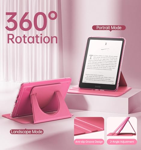 MoKo 360°Rotating Case for 7"Kindle Paperwhite 12th Gen/Colorsoft,Raspberry | Detachable Magnetic, Clear Back, Adjustable Stand Cover, Auto Wake/Sleep, for Kindle Colorsoft 1st Gen 2025/2026