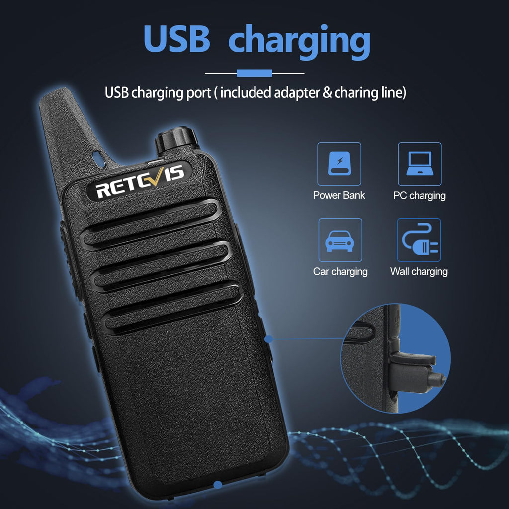 Retevis RT22 Walkie Talkies Long Range Rechargeable with Earpiece (2 Pack) | Slim & Lightweight 2 Way Radio For Camping & Hiking, Pocket-Friendly Antenna, Ready to Use, 10-Hour Battery, USB-C Charging