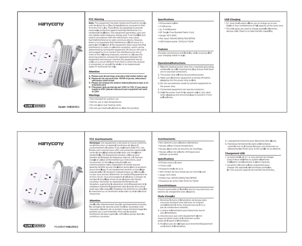 HANYCONY Surge Protector Power Strip, 1080J, 5 Ft Braided Extension Cord | 8 Outlets 4 USB Ports(2 USB C), Outlet Extender, Flat Plug, Wall Mount, Desk Charging Station, Home Office, Dorm Room ETL