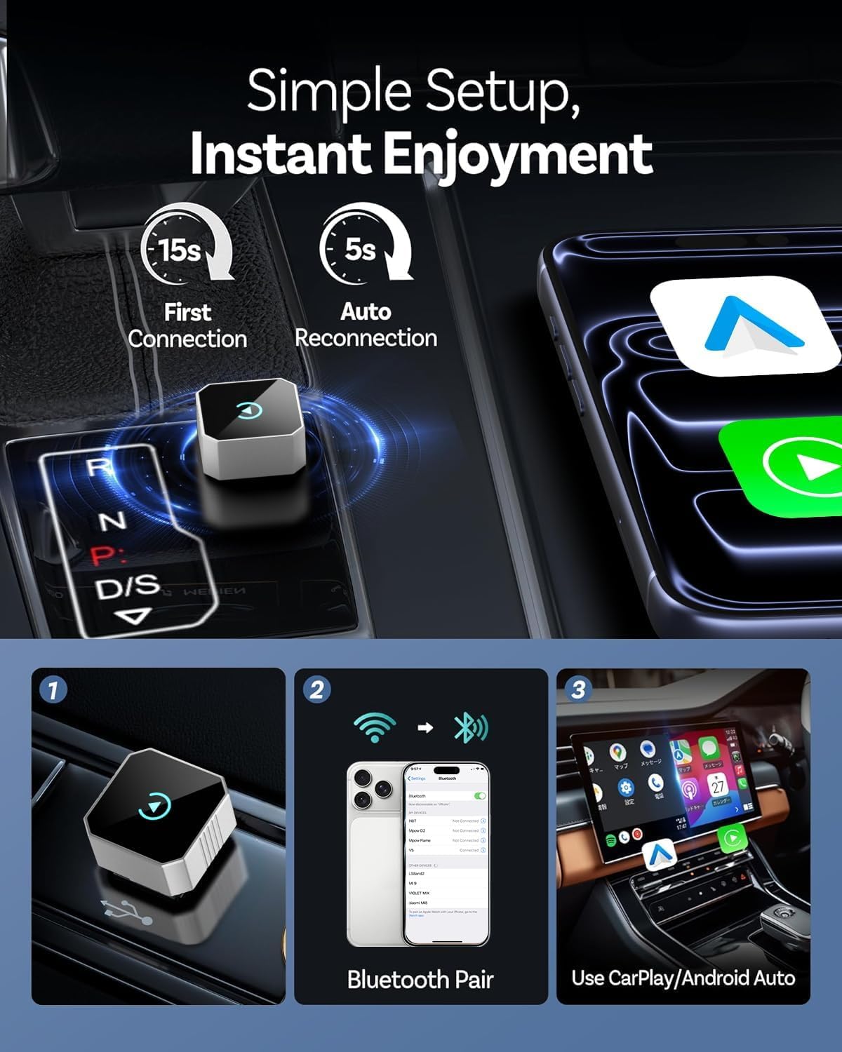 Wireless CarPlay Adapter for Apple iPhone & Android Auto, 2026 Upgraded 2-in-1 Plug and Play Converts Wired to Wireless Car Play Adapter, Fast Auto-Connect, Mini Size with iPhone iOS 10+