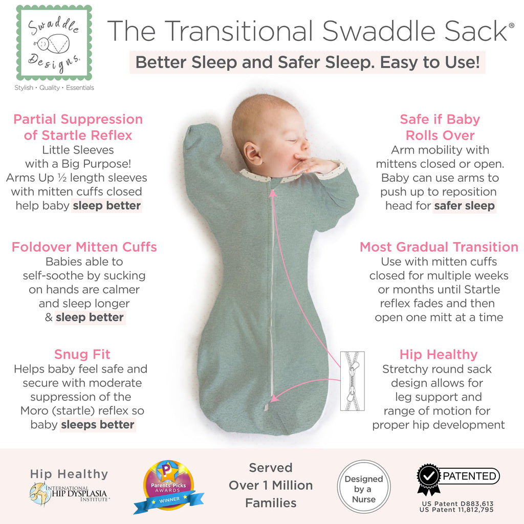 SwaddleDesigns Transitional Swaddle Sack, Cotton, Heathered Jadeite, 0-3mo | Arms Up Half-length Sleeve Partially Suppress Moro reflex, Most Gradual Transition Swaddle for Newborn, Safe for Rolling Baby