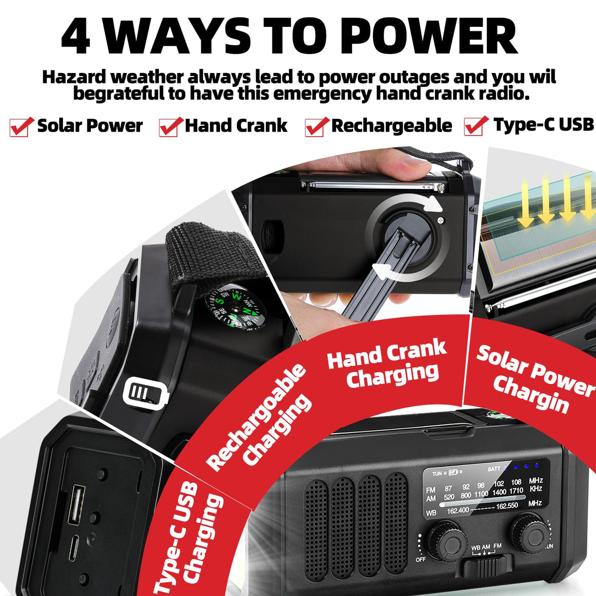 Emergency Weather Radio with NOAA Alert, Portable Solar Hand Crank AM/FM | 10000mAh Rechargeable Battery for Power Outages, 3Way Powered, 3-Mode LED Flashlight & Reading Lamp, SOS, Cell Phone Charger