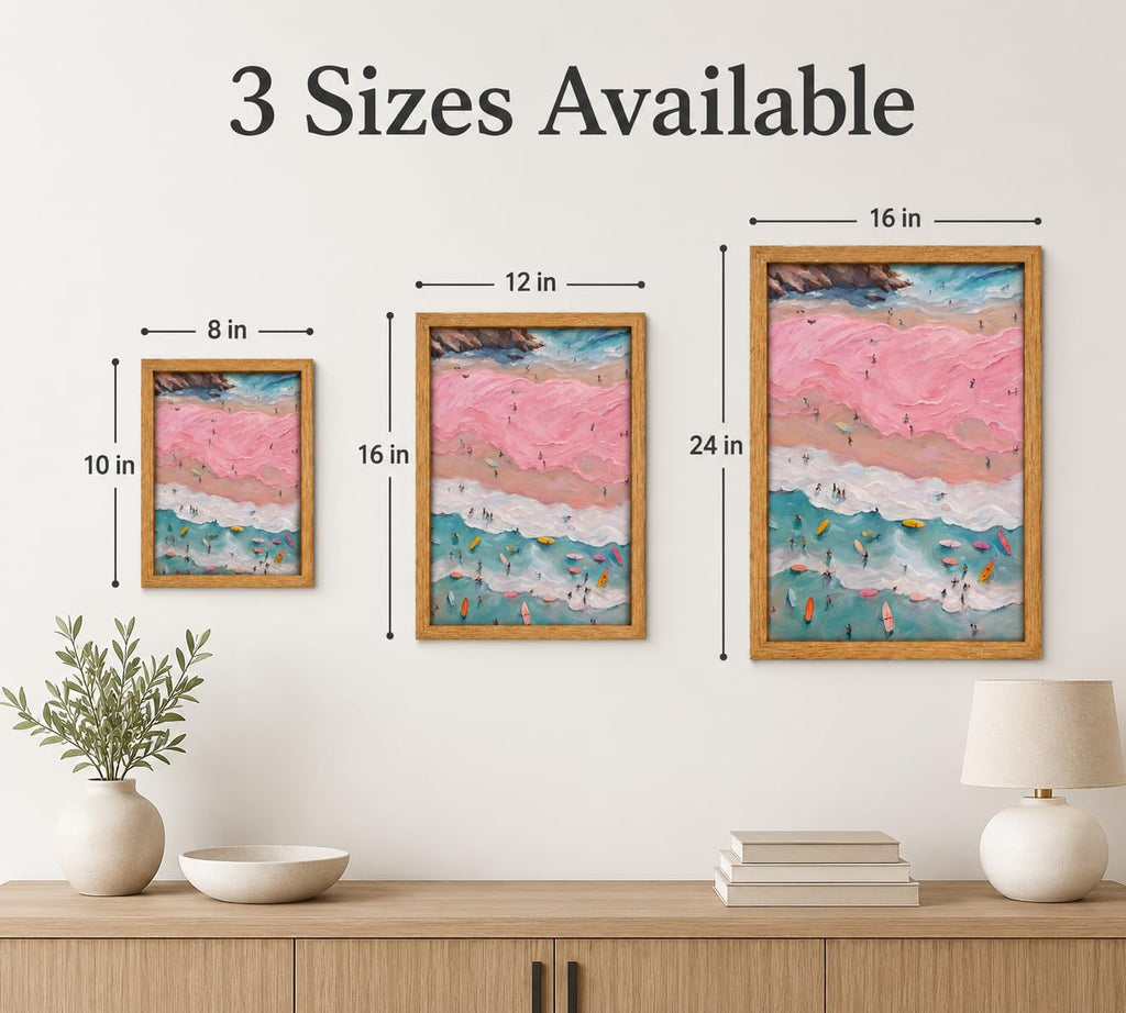 Framed Pink Coastal Canvas Wall Art,Girl Beach Surfers Picture Wall Decor | Summer Poster Print Artwork,for Bedroom Bathroom Girls Room Home Decoration 12x16 inch