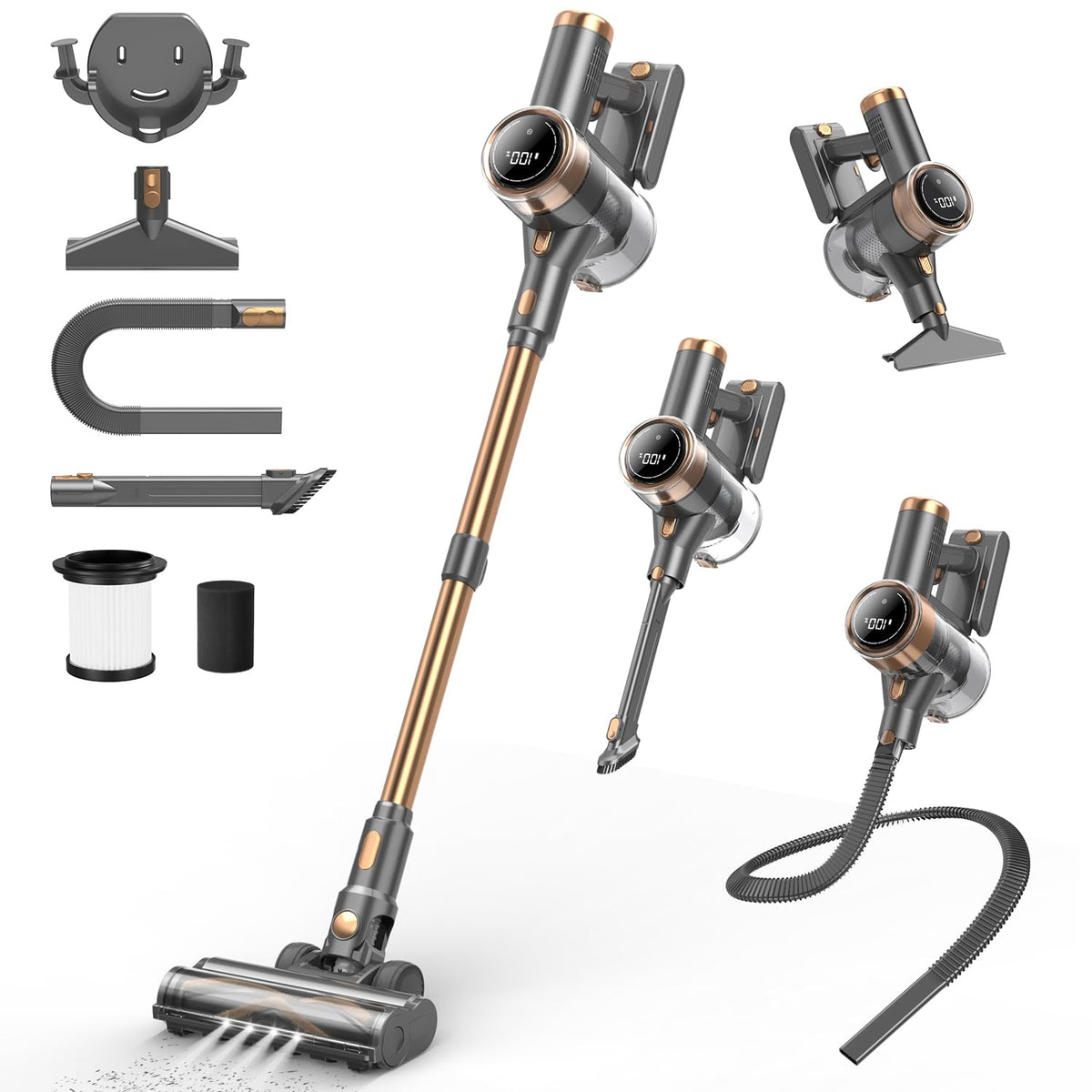 NuYupo Cordless Vacuum Cleaner, 10-in-1 Lightweight Stick Vacuum with 45mins Runtime, Powerful Suction, LED Touch Screen, Rechargeable Vacuum Cleaners for Home Hardwood Floor Carpet Pet Hair (Gold)
