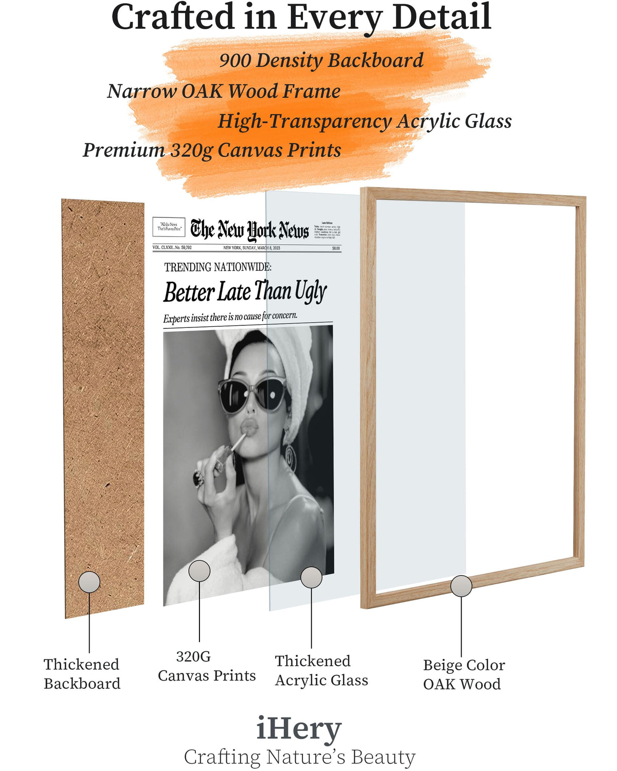 iHery 12x16in Audrey Hepburn Better Late Than Ugly Framed Bathroom Art | Natural OAK Wood Frame with Canvas Print, Vintage Fashion Wall Decor for Bathroom, Bedroom, Apartment and Girl Dorm, 1Pack