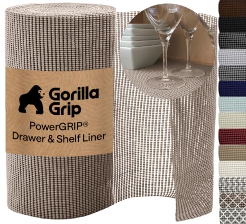 GORILLA GRIP powerGRIP Drawer Shelf and Cabinet Liner, 12"x10', Beige | Thick Strong Hold, Non-Adhesive, Protect Kitchen Cabinets and Cupboard, Bathroom Drawers, Easy Install Mat