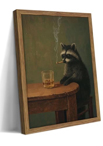 Framed Vintage Raccoon Wall Art, Moody Raccoon Canvas Prints, Funny Dark Academia Animal Poster, Classic Oil Painting Style Artwork, Whimsical Wall Decor for Living Room Bedroom Office 8x10in