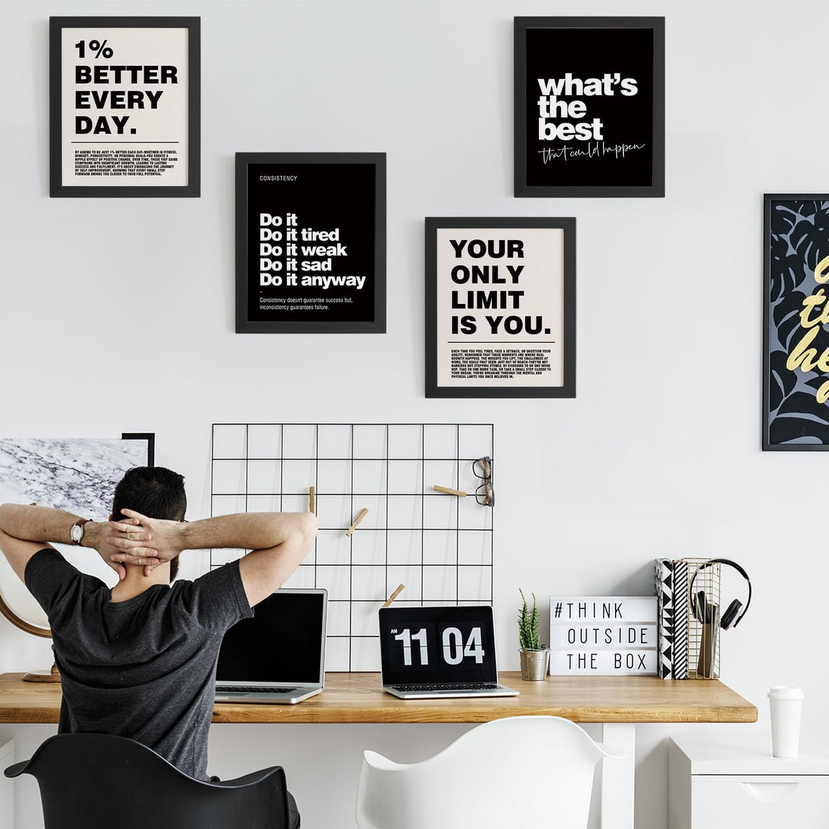 DSHFG Motivational Inspirational Office Wall Art Decor Prints Set of 4 | Black Office Motivational Wall Decor Trendy Retro Positive Affirmations Quotes Wall Decor Gym Posters, 8x10 Unframed