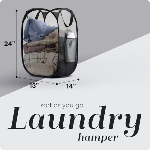 Handy Laundry Mesh Pop-Up Hamper Collapsible with Side Pocket 2-Pack | Breathable foldable design saves space; wide opening makes loading easy. Sturdy build stores clothes neatly. Black.