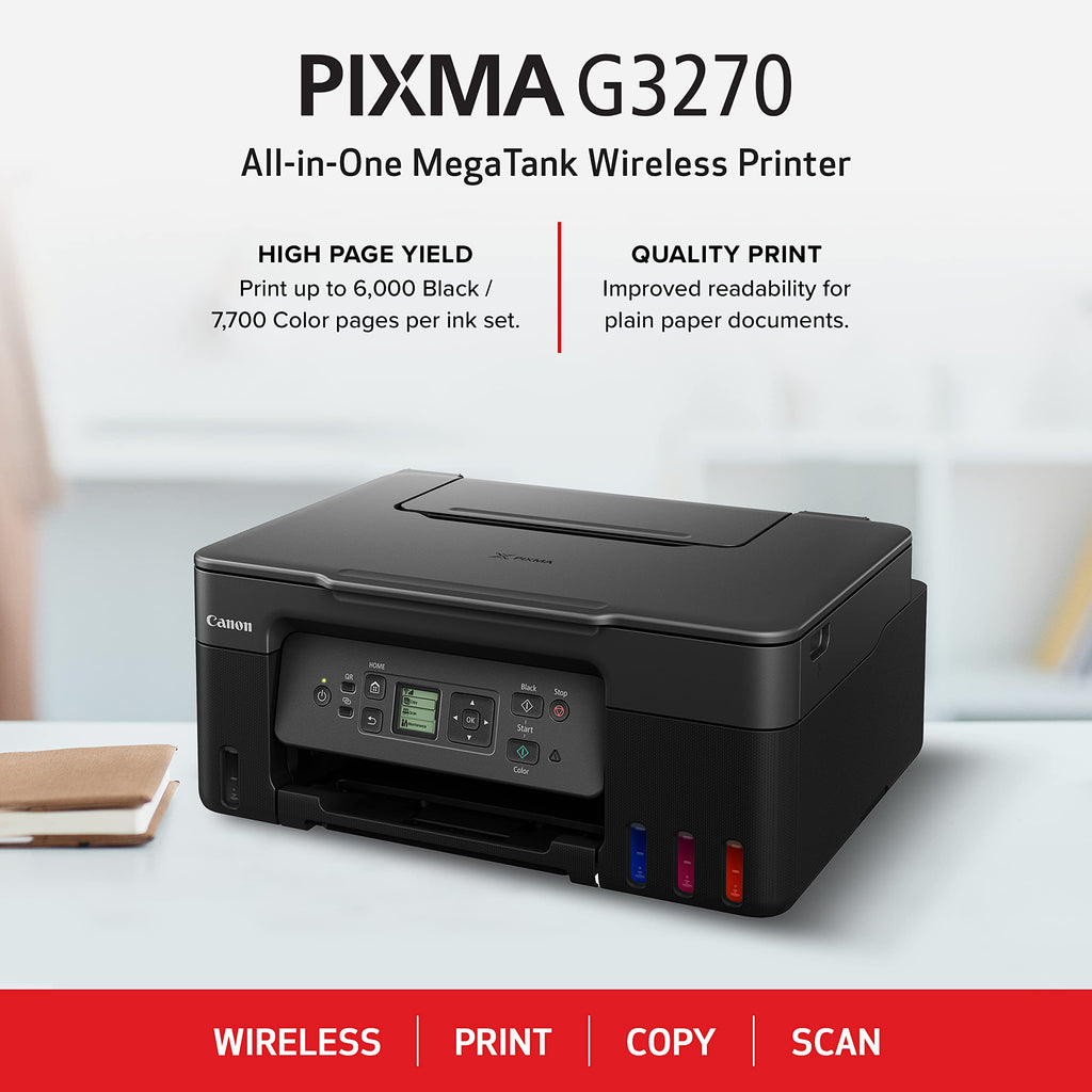 Canon MegaTank G3270 All-in-One Wireless Color Printer | Print, Copy, Scan, Refillable Tank System, Compact Desktop Design, Home & Office Use