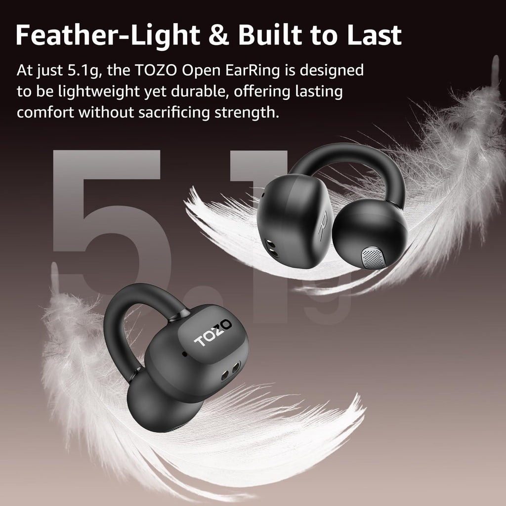 TOZO OpenEarRing Open Ear Earbuds 40H Bluetooth 5.4 Lightweight Comfort | Open Ear Clip On Wireless Earbuds with Smart Digital LED Display, Stable Connection, Secure Fit for Driving Workout Black
