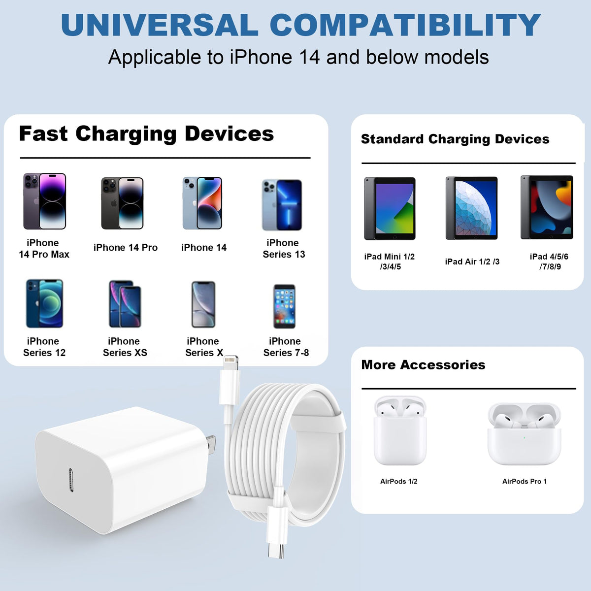 iPhone Charger Fast Charging, USB C Charger Block, 6FT/10FT Lightning Cable | For Apple iPhone 14/13/12/11 Series, 2-Pack 6FT/10FT Long USB C to Lightning Cables, AirPods with Lightning Charging Case