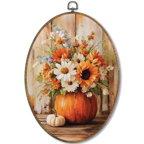 Fewgb Fall Pumpkin Autumn Floral Pictures Oval Wall Art Decor Framed 9x12