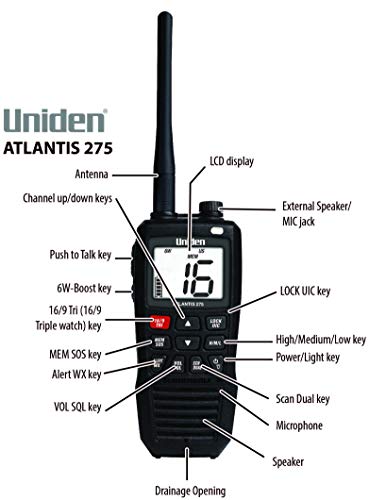 Uniden Atlantis 275 Handheld Two-Way VHF Marine Radio, Floating IPX8 Submersible Waterproof, Large Dual-Color Screen, 6-Watt, All USA/International/Canadian Marine Channels, NOAA Weather Alerts