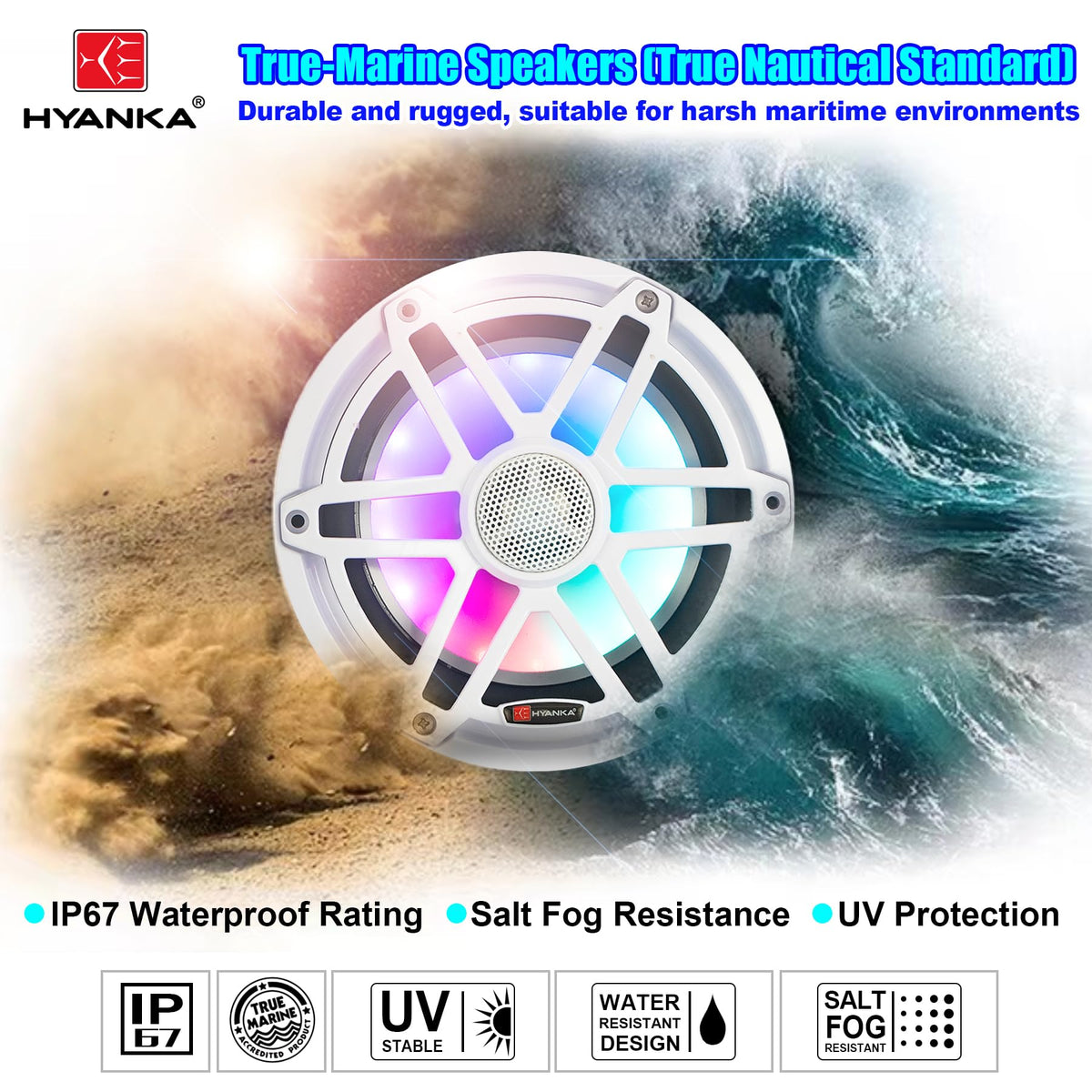H YANKA HMS-65 6.5 Inch Marine Speakers, Waterproof, 750W, 7Color LED, Pair | 2‑Way marine‑grade coaxial speaker, IP67, salt‑UV resistant for durable long‑lasting use, for boats, utv, atv.