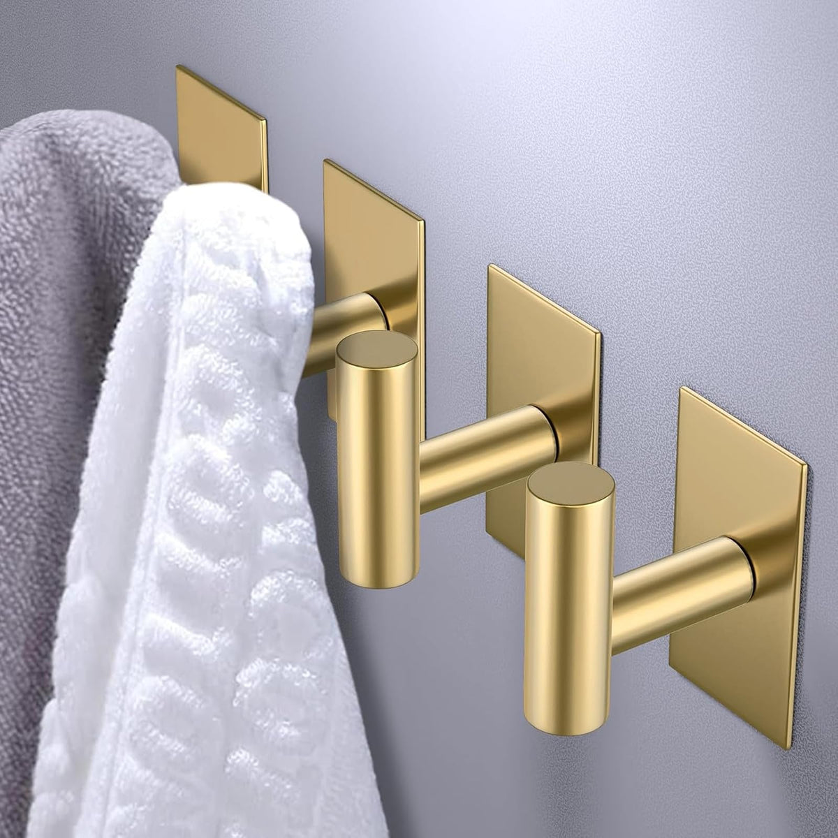 VAEHOLD Wall Towel Hooks, Heavy Duty Sticky Holder Waterproof Towel Hooks for Hanging Coat, Clothes, Closet Hook Wall Mount for Kitchen (Gold, 2 Pack)