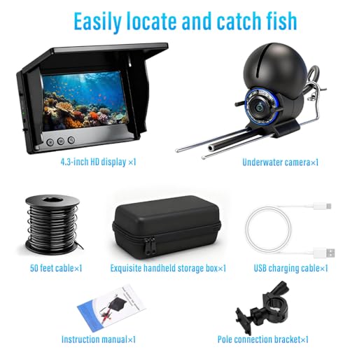 Underwater Fishing Camera 1080P HD 4.3" IPS Screen 50ft Cable | 6000mAh Battery, USB-C Charging, IR Night Vision, 220° Wide Angle, 66lb Cable, CE/FCC/RoHS, for Lake Boat Kayak Ice Fishing