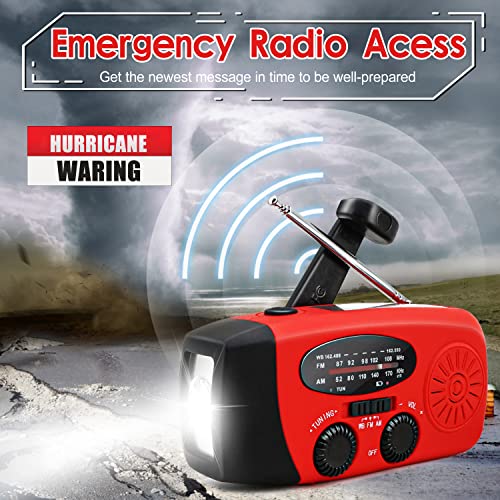 RunningSnail Hand Crank Radio with Flashlight, NOAA/AM/FM Emergency Radio | 2000mAh/7400mWh,Lightweight&Compact,Bright LED Flashlight,Cranked,Solar Power,USB-C,for Power Outage,Emergencies,Camping,Red