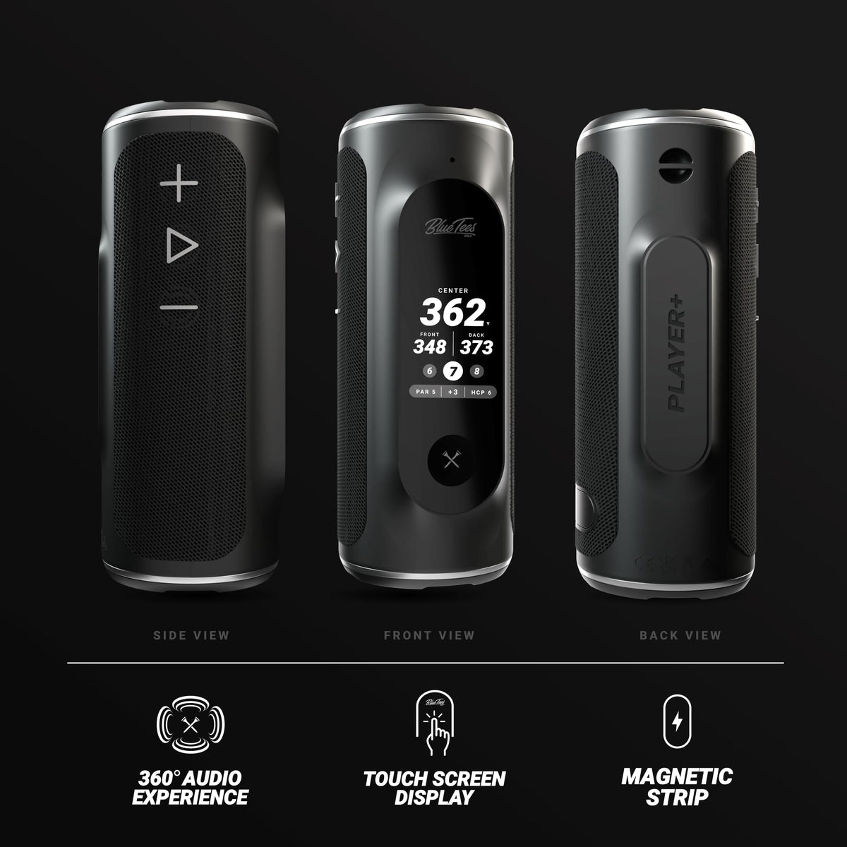 Blue Tees Golf Player+ AI-Powered GPS Speaker - Touchscreen Display, 10+ Hour Battery, 40,000+ Courses, Visual & Audible Distances, Hazard Detection, IPX7 Waterproof (Navy)