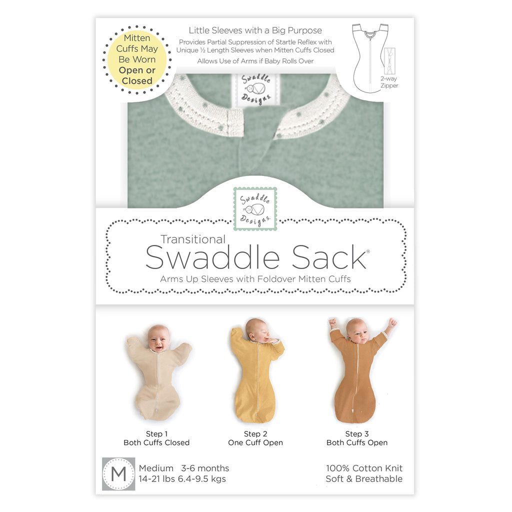 SwaddleDesigns Transitional Swaddle Sack, Cotton, Heathered Jadeite, 0-3mo | Arms Up Half-length Sleeve Partially Suppress Moro reflex, Most Gradual Transition Swaddle for Newborn, Safe for Rolling Baby