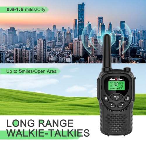 Walkie Talkies Long Range for Adults, Rechargeable FRS Two-Way Radio, 2Pack | NOAA weather alert. 1200mAh Li‑ion battery supports USB‑C charging. LED flashlight and VOX hands‑free function for Outdoors.