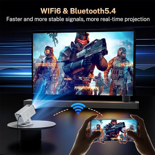 Built-in Apps 1080P 4K Support Mini Projector with Android 14, Phone Remote | Portable Smart Projector with WiFi 6 and Bluetooth 5.4 for Bedroom Auto Keystone Compatible with Netflix/iOS/HDMI/TV Stick X1