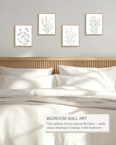 Drsoum Botanical Plant Framed Wall Art Boho Wall Decor for Bathroom Sage Green Eucalyptus Leaf Prints Minimalist Aesthetic Ready to Hang Set of 4, 8x10 in (Natural Framed)