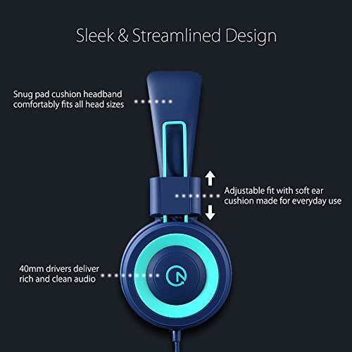 noot products K11 Kids Headphones with Wired Cord 3.5mm Jack Navy/Teal | 5ft Long Cord, Tangle Free, Foldable, Plug in On-Ear Headset for School, Classroom, Boys, Girls, Toddler Laptop Travel Tablet