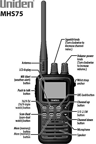 Uniden MHS75 Waterproof Handheld 2-Way VHF Marine Radio, Submersible, Selectable 1/2.5/5 Watt Transmit Power. All USA/International and Canadian Marine Channels.