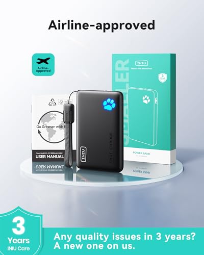 INIU 10000mAh 45W Fast Charging Portable Charger, Smaller Travel Power Bank | Flight-Safe, Detachable USB C Cable, Travel Essential, External Battery Phone Pack for iPhone 18 17 Samsung iPad etc