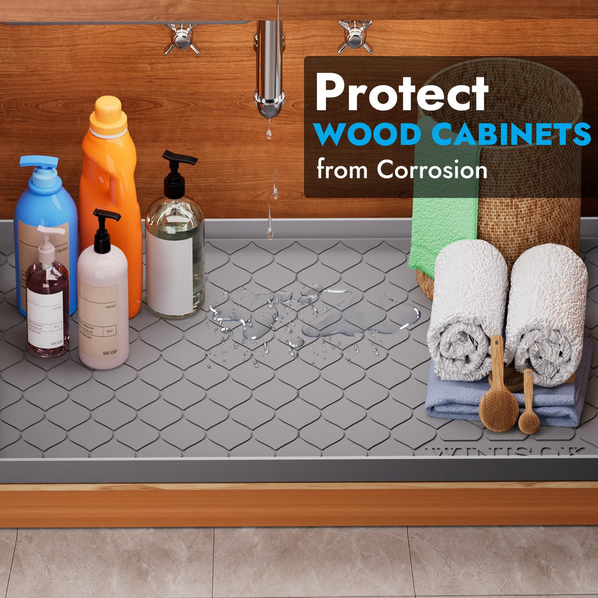 Winisok Waterproof Under Sink Mat 34" x 22", Silicone Mat, Dark Gray | Raised Edge Traps Spills & Leaks, Shelf Liner, Cabinet Protector, for Kitchen, Bathroom, Boots, Pets, Home Essentials